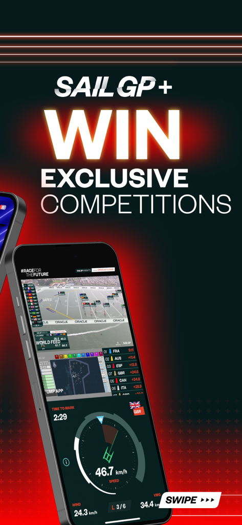 SailGP app interface displaying live racing telemetry and a promotion to win exclusive competitions