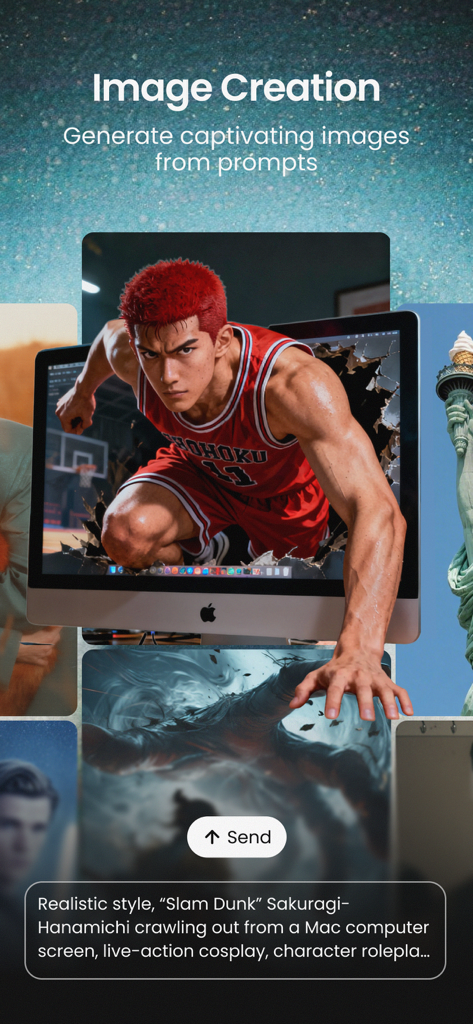 Lovart - Captura de tela do aplicativo Lovart mostrando o recurso de criação de imagem com um prompt para um personagem saindo da tela de um computador Mac