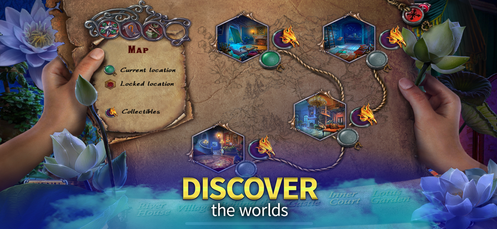 Black Lotus (F2P Adventure) - 探索するさまざまな神秘的な場所と収集品を示すインタラクティブなゲームマップ。