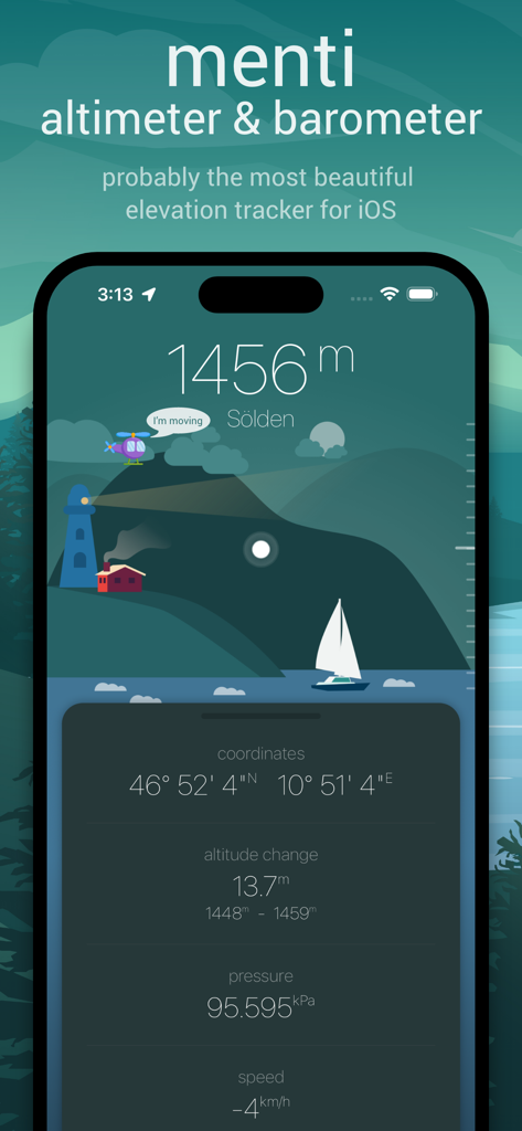 Interface of the Menti altimeter and barometer app showing altitude GPS coordinates and atmospheric pressure