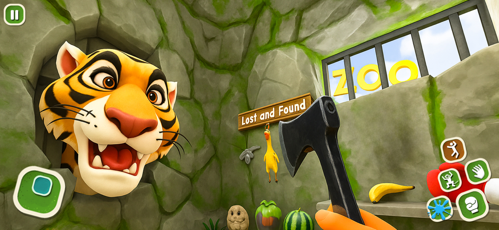 I Monkey Naughty Zoo Cage Game - Vue à la première personne d'un joueur tenant une hache devant un tigre cartoon regardant à travers un mur de pierre dans un enclos de zoo.