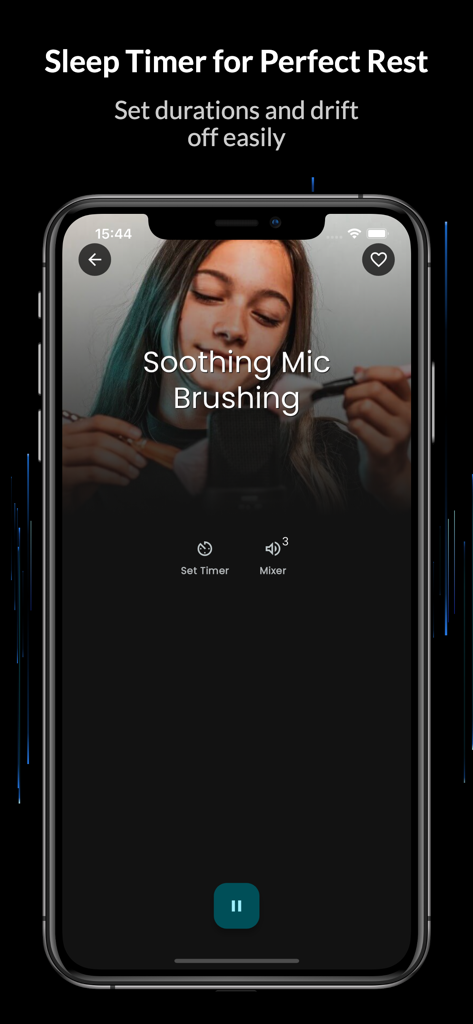 Interfaz de la aplicación Tingles ASMR que muestra una función de temporizador de sueño y una pista de audio relajante de cepillado de micrófono.