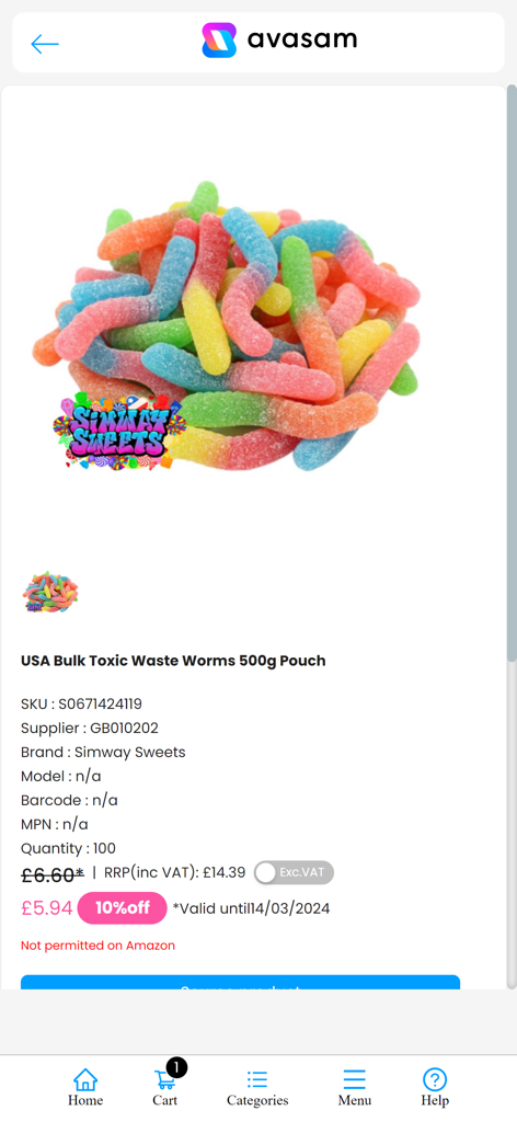 Avasam App-Produktseite für Bulk-Süßigkeiten mit Preisen, Lieferantendetails und Menge für Dropshipping