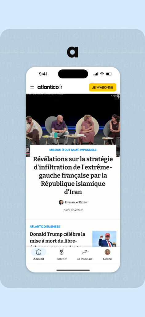 Atlantico - Écran d'accueil de l'application mobile Atlantico montrant des articles d'actualité sur la politique française et la géopolitique internationale