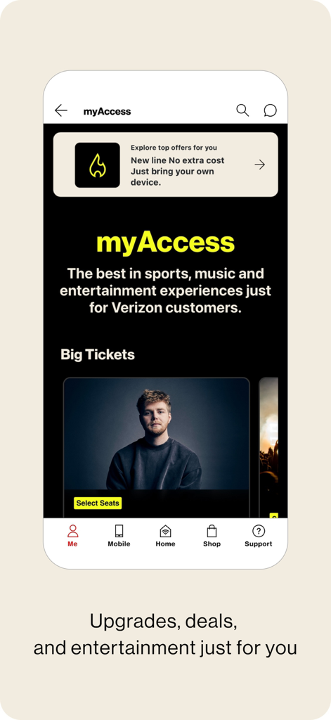 The My Verizon app myAccess screen featuring exclusive entertainment rewards and event tickets for customers