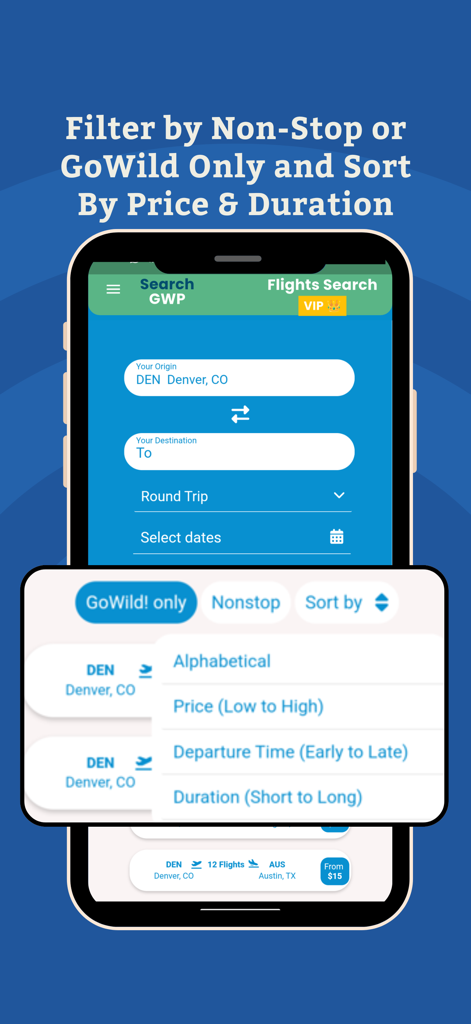 Interfaccia dell'app SearchGWP che mostra i filtri di ricerca voli solo per GoWild e voli non-stop con opzioni di ordinamento