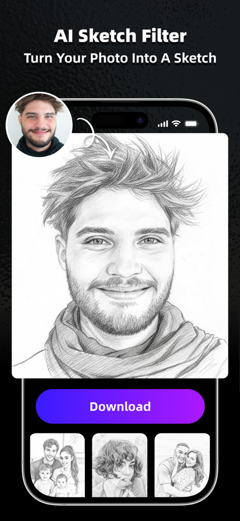 AI Marvels - AI Photo Editor - Interface do aplicativo AI Marvels mostrando uma foto de retrato transformada em um esboço detalhado a lápis usando o Filtro de Esboço com IA.
