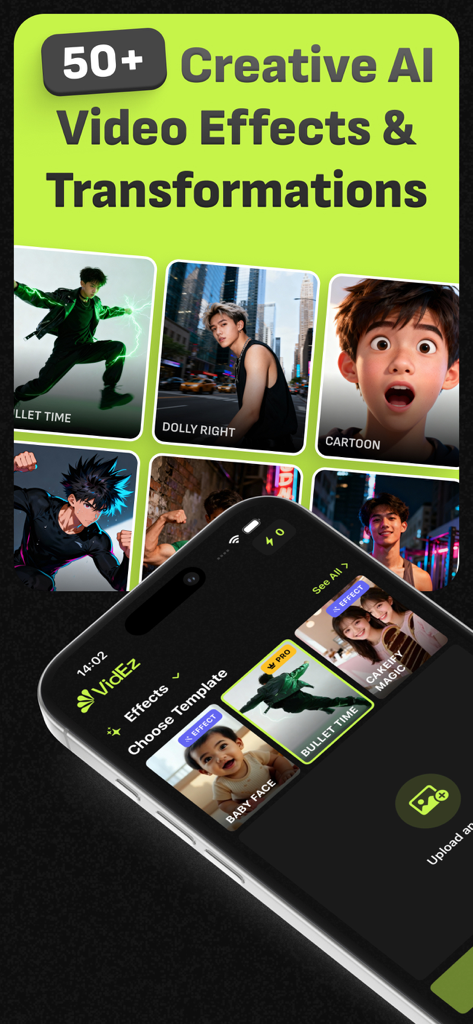 AI Video Generator: Videz - A mobile interface for Videz showing over 50 creative AI video effects including cartoon, anime, and cinematic camera movements.