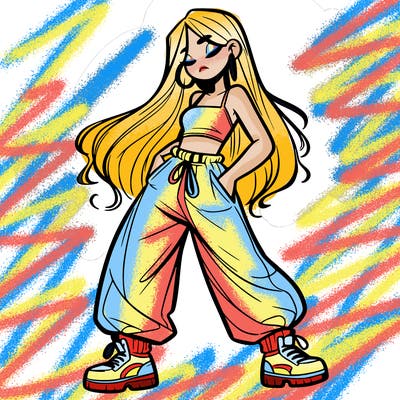 girl in baggy pants crop top and long hair