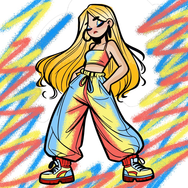 girl in baggy pants crop top and long hair