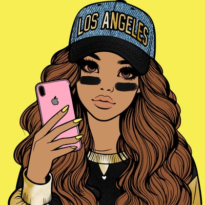realistic beautiful girl wearing los ángeles cap holding an iphone