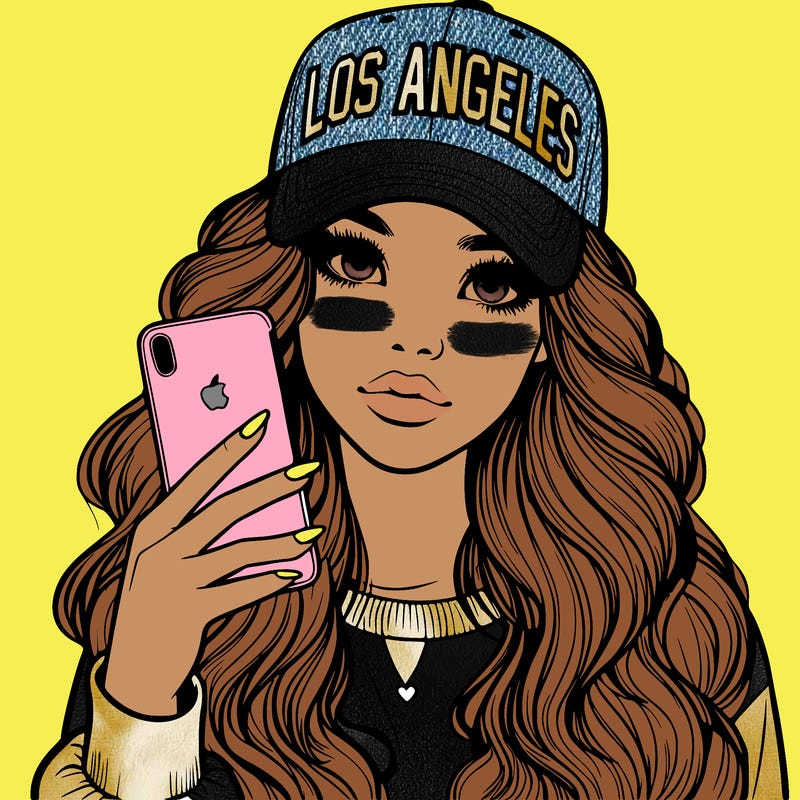 realistic beautiful girl wearing los ángeles cap holding an iphone