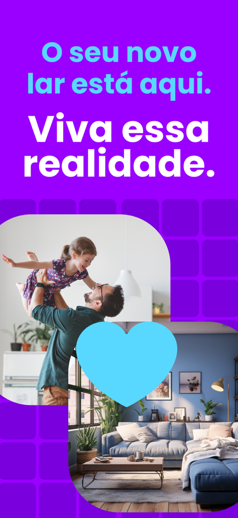 Viva Real Imóveis - Viva Real real estate app home screen showing a happy family and a modern apartment living room