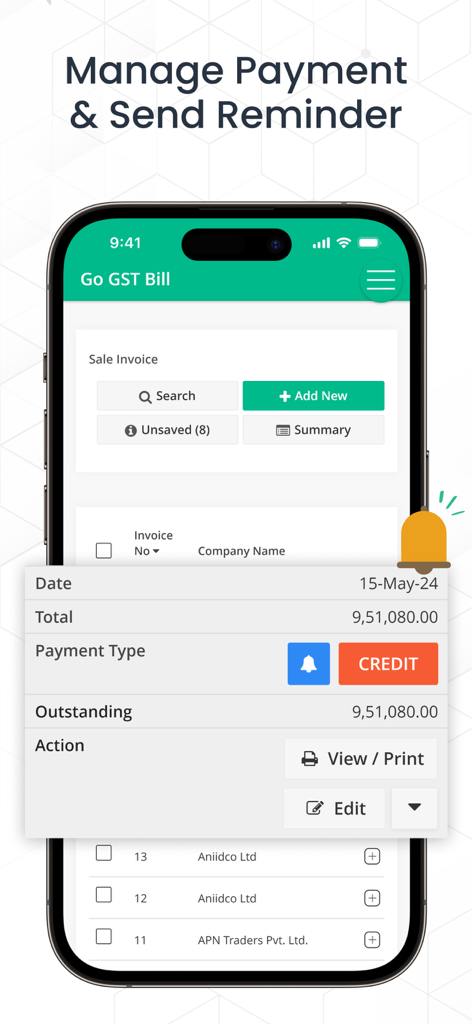 Go GST Bill - Go GST Bill mobile app screen displaying sales invoice details and payment reminder features