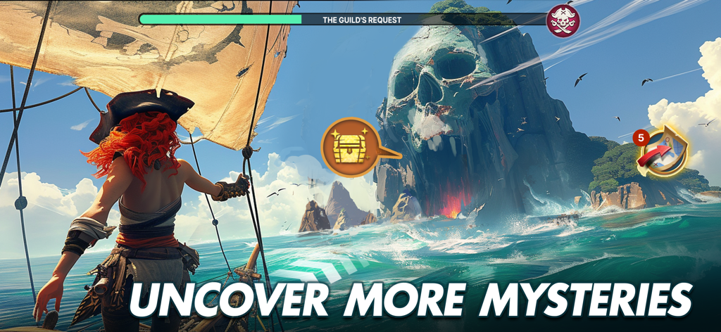 A female pirate on a ship sailing towards a giant skull-shaped mountain on a tropical island.