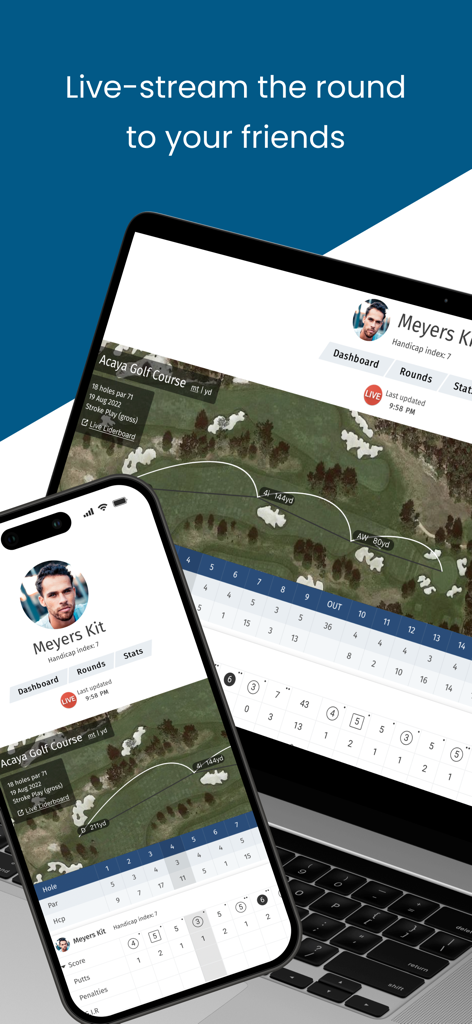 ゴルフコースの地図とスコアカードが表示されたiPhoneとラップトップ画面上のライブストリーム機能を示すGolf Pad Classicアプリ