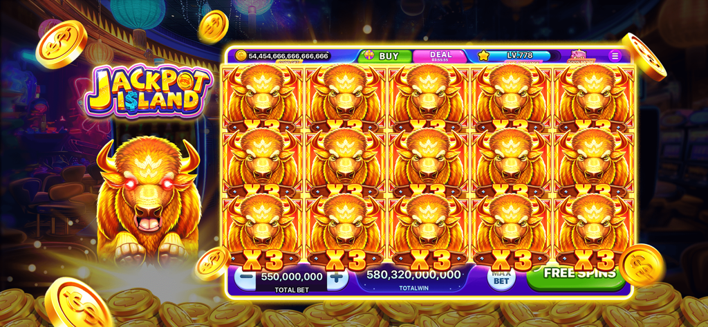 Jackpot Island - Slot Machines - Golden buffalo slot machine symbols on Jackpot Island mobile game grid