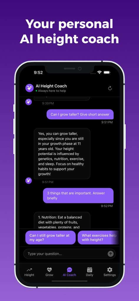 Uma interface de chat dentro do aplicativo Taller mostrando uma conversa com um coach de altura de IA fornecendo conselhos de crescimento com base na genética e no estilo de vida.
