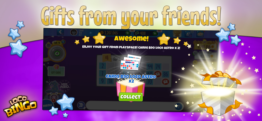 Loco Bingo & Slots Games - A pop up in Loco Bingo showing a social gift of free cards from friends with a collect button