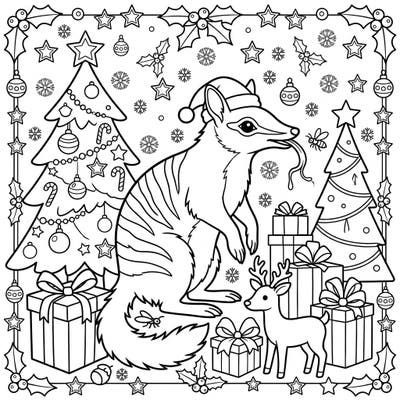 Dive into the holiday spirit with this delightful coloring page featuring a charming numbat in a festive Christmas setting. Surrounded by decorated trees, gifts, and a little reindeer, it's a unique seasonal treat for all ages.