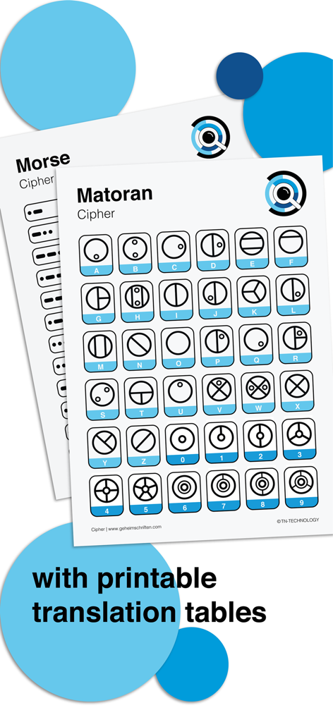 Cipher - Printable worksheets for Morse and Matoran secret codes showing translation tables for encoding and decoding messages.