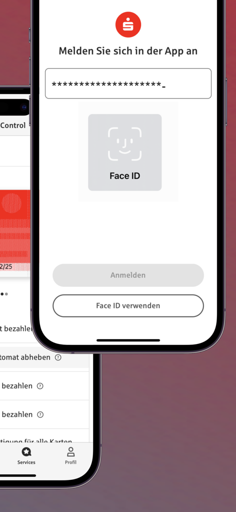 Sparkasse mobile banking login screen with Face ID biometric authentication