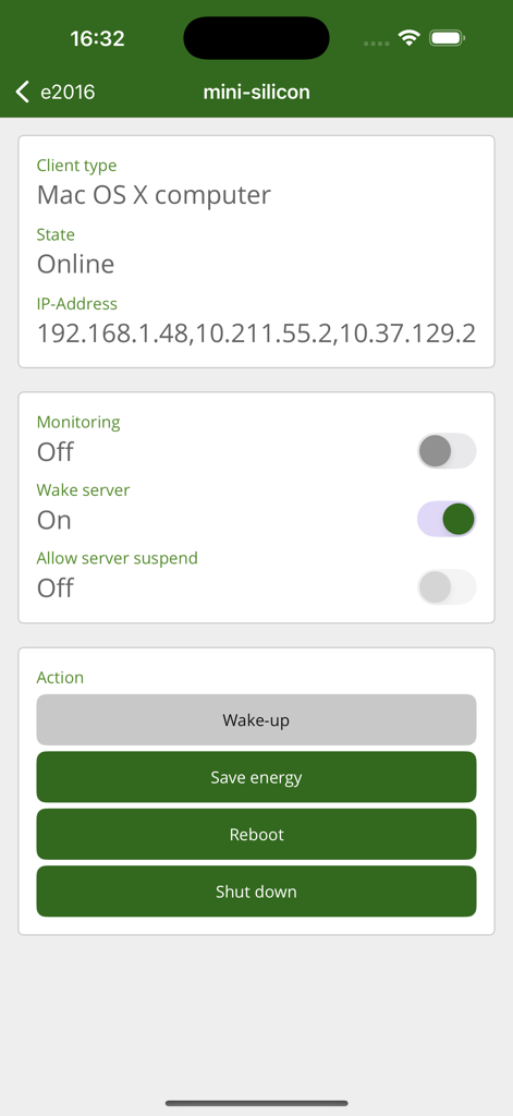 Interfaccia dell'app Lights-Out Mobile che mostra lo stato online e le opzioni di gestione dell'alimentazione per un server Mac