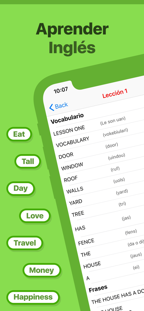 English vocabulary list with phonetic pronunciation guides for Spanish speakers in the app interface.