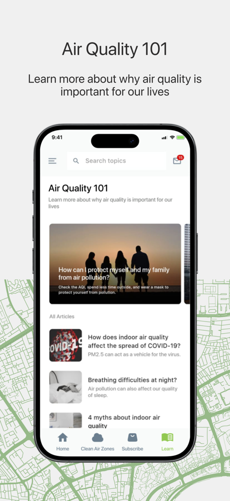 Mobile app screen displaying the Air Quality 101 section with educational articles on family health and pollution