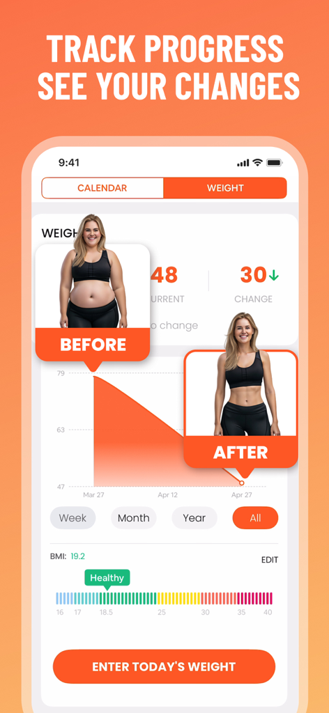 Lose Weight in 30 Days at Home - Mobile app interface showing weight loss progress with a downward graph and before and after transformation photos.