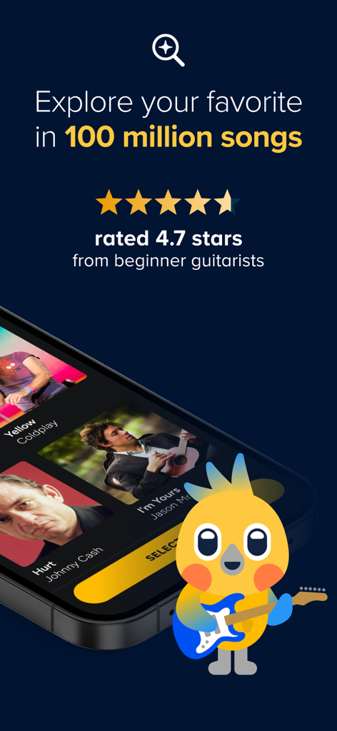 App interface for Chordie AI showing guitar song selection and user rating
