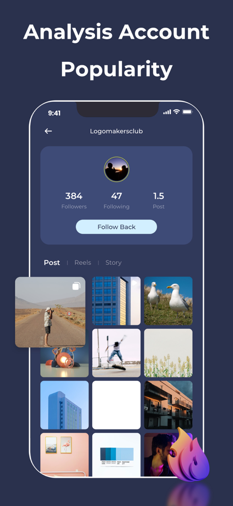 Bildschirm zur Analyse der Beliebtheit von Instagram-Konten mit Follower-Statistiken.