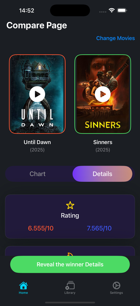 A side-by-side movie comparison screen showing ratings for Until Dawn and Sinners in the Honor app.