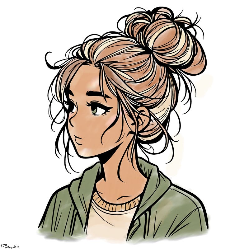 realistic teenage girl with a messy bun