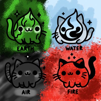 4 cats that represent the different elements, earth, water, air, and fire