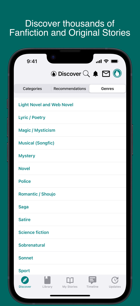 Entdecken-Bildschirm der Spirit Fanfiction App mit einer Liste von Story-Genres, einschließlich romantischem Shoujo und Mystery