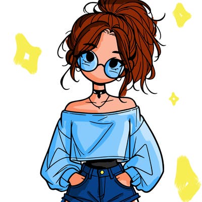 girl with a messy ponytail glasses a baggy crop top and jean shorts