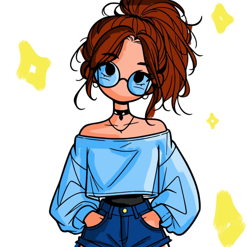 girl with a messy ponytail glasses a baggy crop top and jean shorts