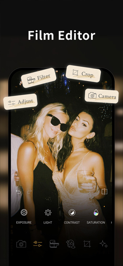 OldRoll app Film Editor interface showing vintage photo editing tools like exposure and saturation