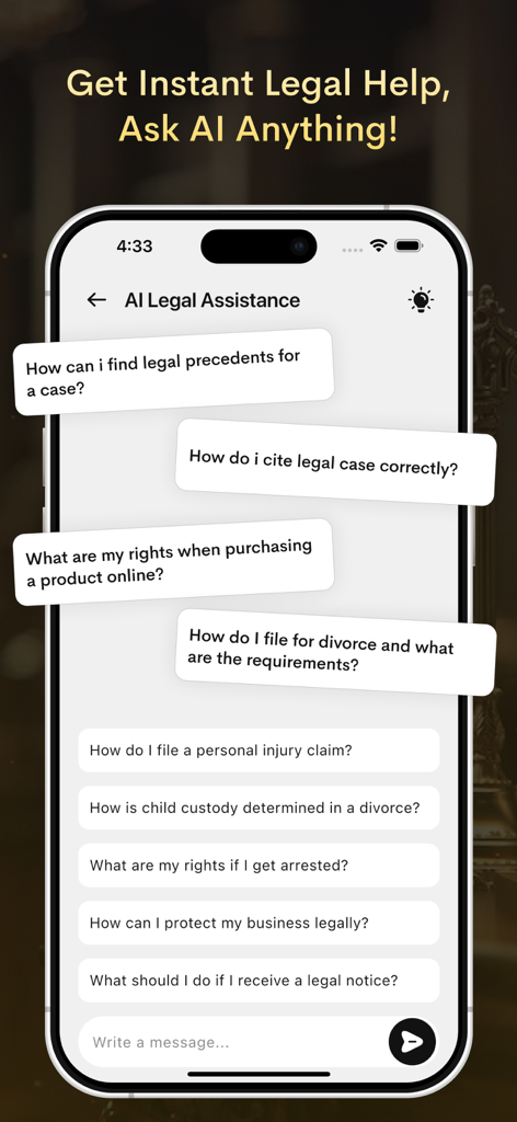 AI Lawyer - Legal Advisor - Smartphone screen showing AI Lawyer app's chat interface for instant legal help and common legal questions.