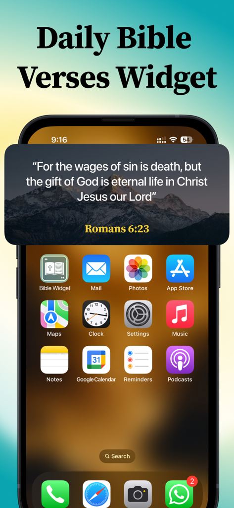 Lockscreen Bible Verse Widget - iPhone home screen featuring a daily bible verse widget with Romans 6 23 on a mountain background