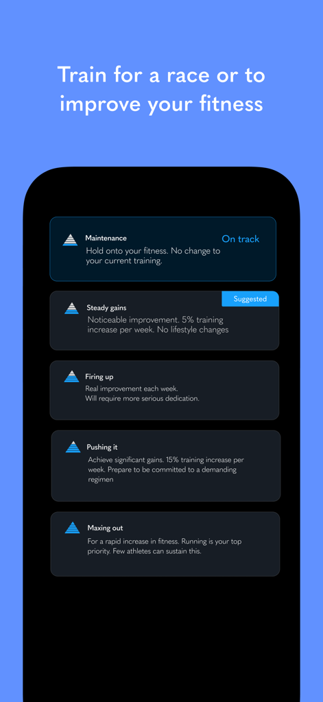 Kaizen | Data-Driven Running - Kaizen mobile app interface showing various running training intensity levels from Maintenance to Maxing out.