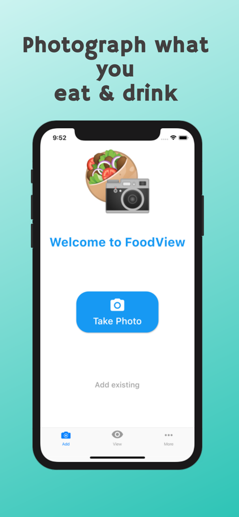 FoodView - Photo Food Diary - FoodView app welcome screen showing a take photo button for tracking meals visually