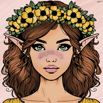 realistic female elf with flower crown