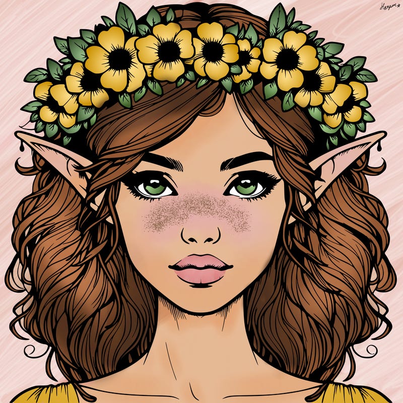 realistic female elf with flower crown