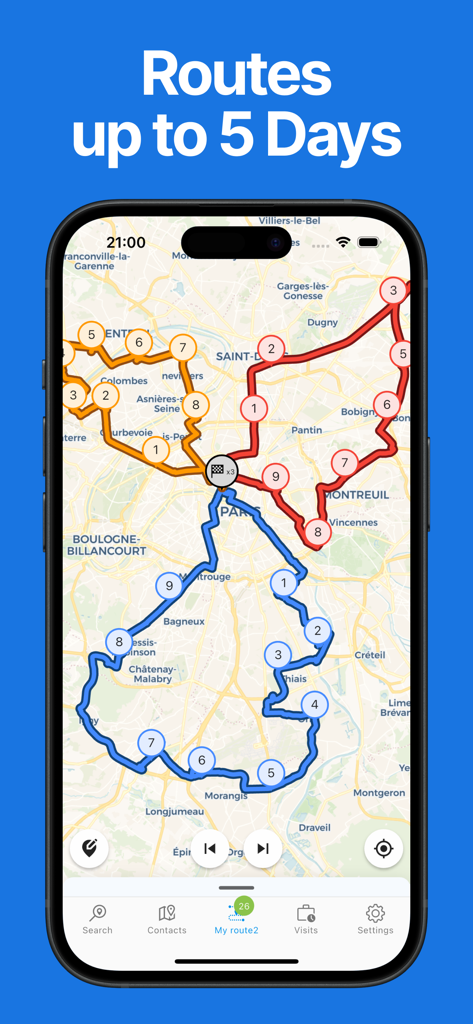 Route Optimizer app showing multiple colored delivery routes and numbered stops on a map for a five day schedule