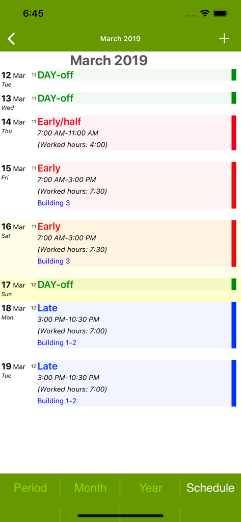 FlexR (Shift planner) - FlexR App-Bildschirm, der eine chronologische Liste von Arbeitsschichten anzeigt, einschließlich Früh- und Spätschichten sowie freie Tage