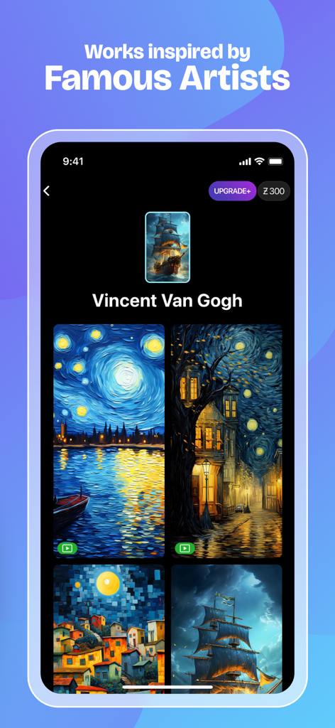 Interfaz de la aplicación Zedge que muestra fondos de pantalla móviles inspirados en Vincent Van Gogh y otros artistas famosos.