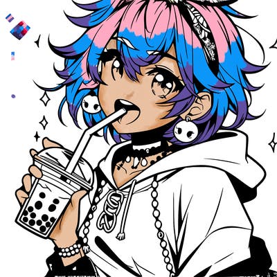 hot baddie anime girl drinking boba and biting the straw