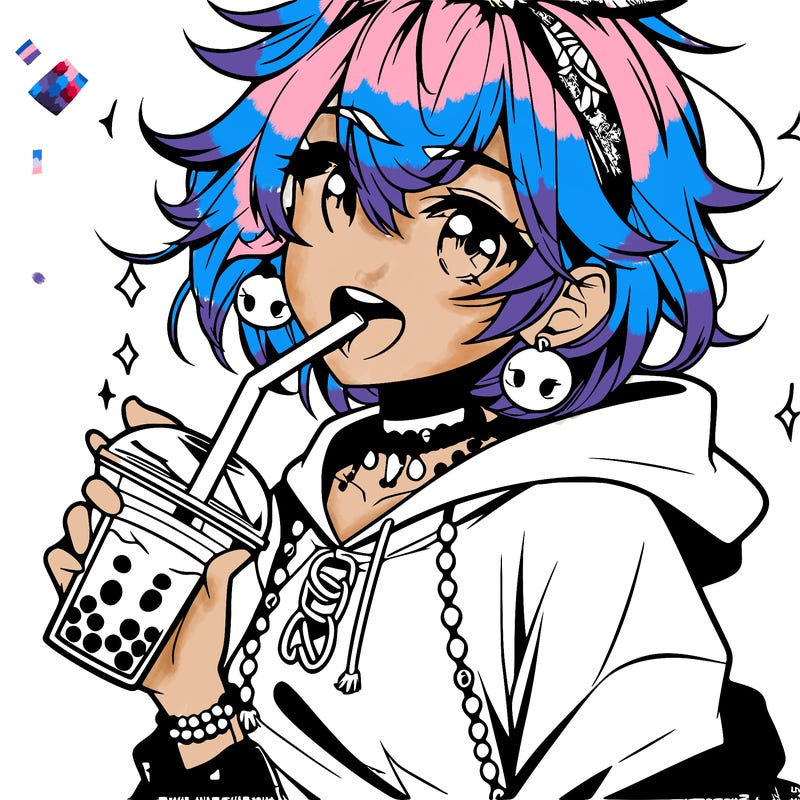 hot baddie anime girl drinking boba and biting the straw